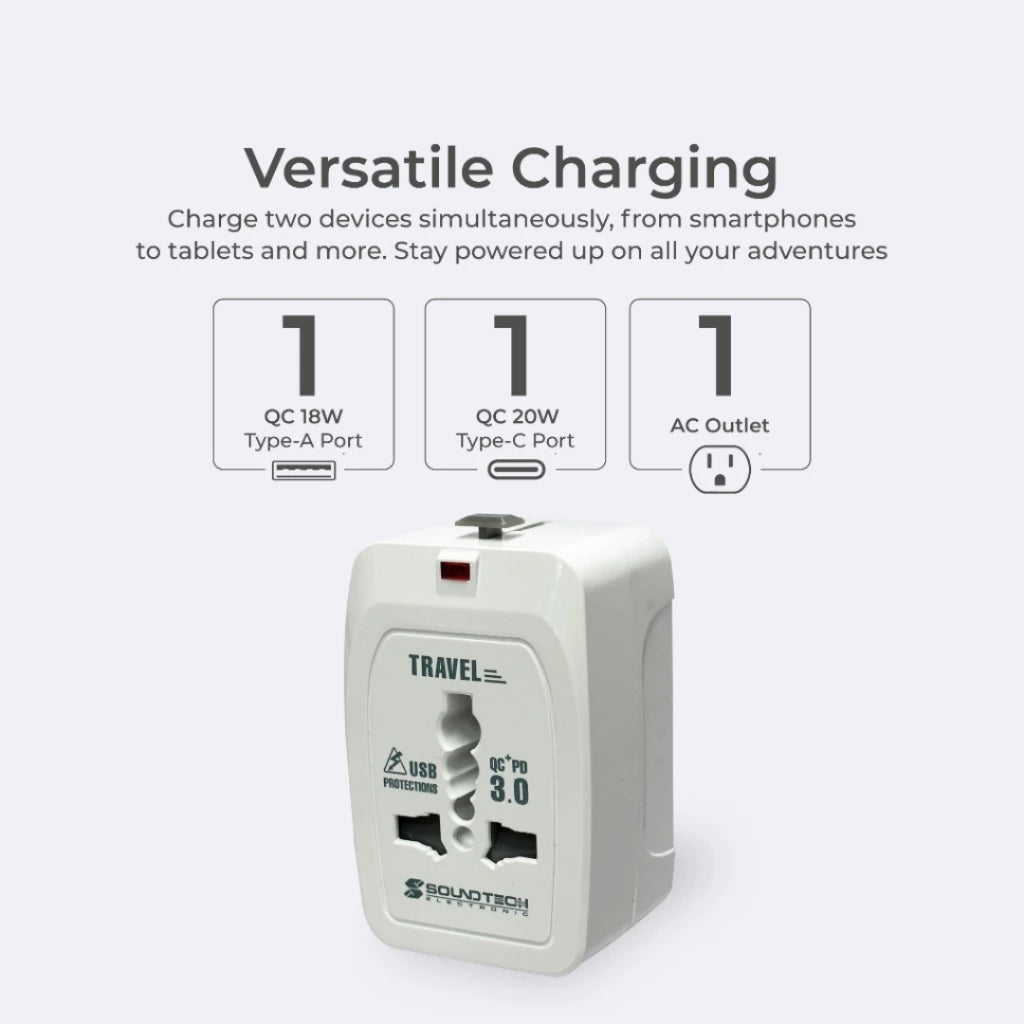 [SG] SoundTeoh TA-670 Travel Adaptor with Dual USB A+C 20W Quick Charger [Evergreen Stationery]