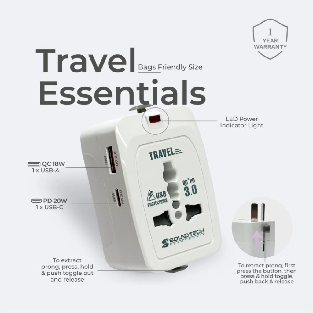 [SG] SoundTeoh TA-670 Travel Adaptor with Dual USB A+C 20W Quick Charger [Evergreen Stationery]
