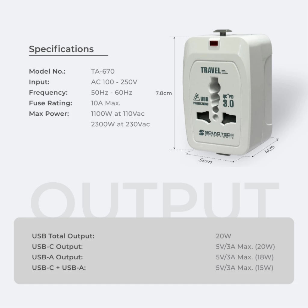 [SG] SoundTeoh TA-670 Travel Adaptor with Dual USB A+C 20W Quick Charger [Evergreen Stationery]