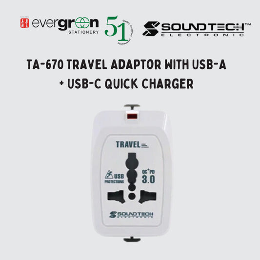 [SG] SoundTeoh TA-670 Travel Adaptor with Dual USB A+C 20W Quick Charger [Evergreen Stationery]