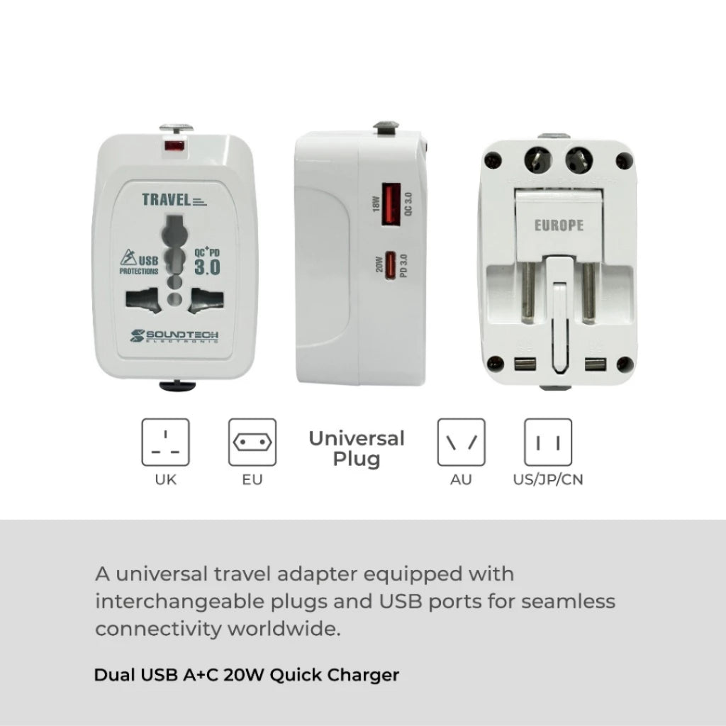 [SG] SoundTeoh TA-670 Travel Adaptor with Dual USB A+C 20W Quick Charger [Evergreen Stationery]