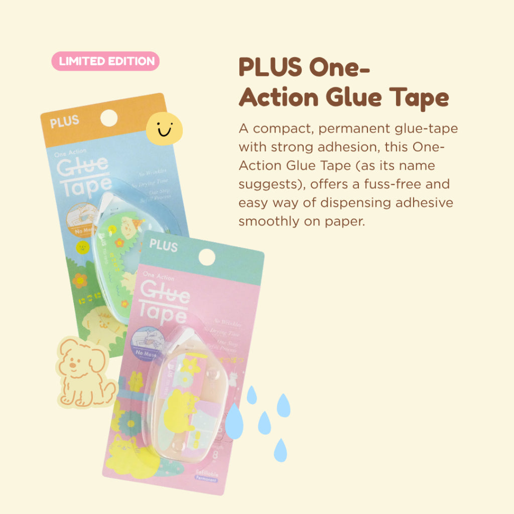 [LIMITED EDITION] PLUS One Action Glue Tape Kawaii9 Niko-Niko/ Potsu-Potsu | Strong Adhesion | Compact Size