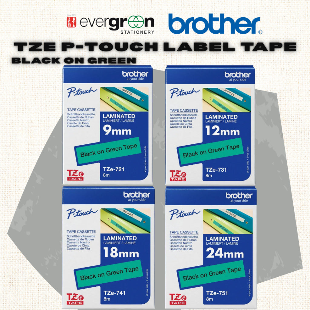[SG] Brother TZE P-touch Labelling Tape – Black on Green [Evergreen Stationery]