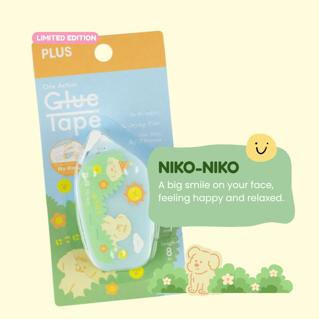 [LIMITED EDITION] PLUS One Action Glue Tape Kawaii9 Niko-Niko/ Potsu-Potsu | Strong Adhesion | Compact Size