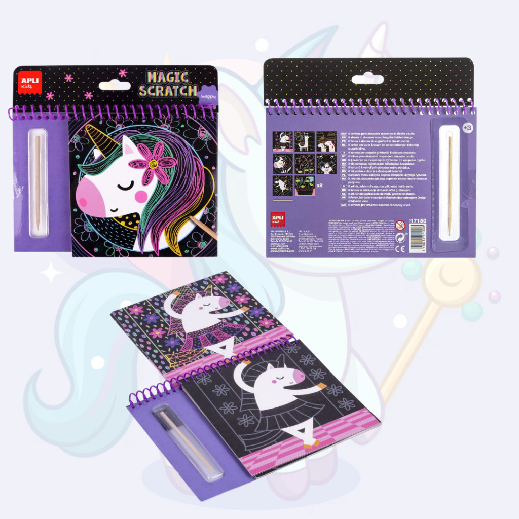 APLI Kids Magic Scratch Happy Unicorn Scratch Art Book with Stylus Spiral Notebook| |Arts And Crafts|Art Book|