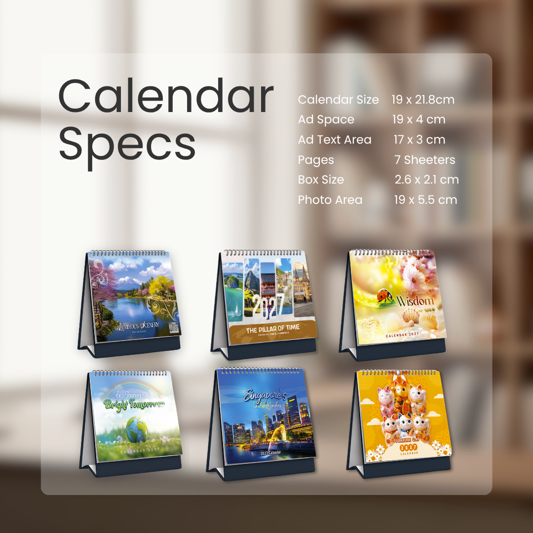 2027 Desktop Calendar Design | 14 designs | 19 x 21.8cm |  20.3 x 21.8cm | Inspirational Quotes | Landscape image | Horoscope | Chinese Zodiac | Bible Verses